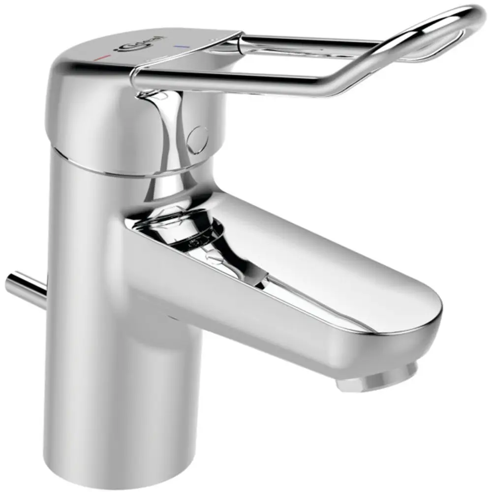 Chromfarbene Ideal Standard Armatur mit Bügelgriff und Abflussgarnitur, präsentiert in einem minimalistischen Design.